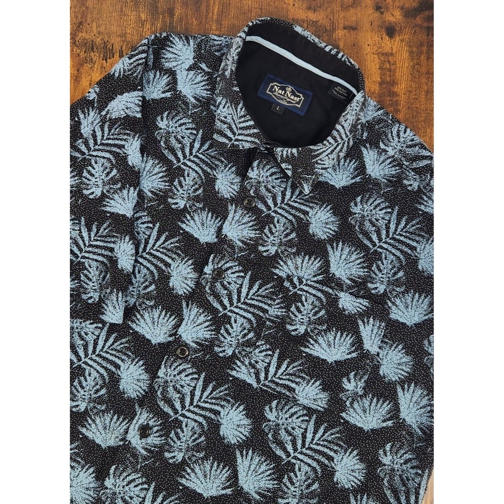 Nat Nast Silk Cotton Blend Tropical Palm Shirt Mens L Black Blue Short‎ Sleeve